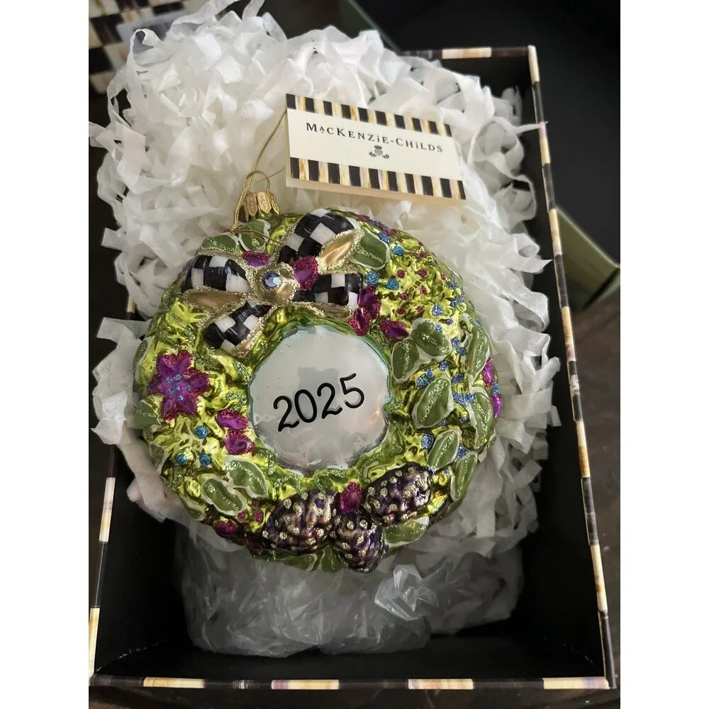 Mackenzie Childs 2025 Floral Wreath Glass Ornament New in Box